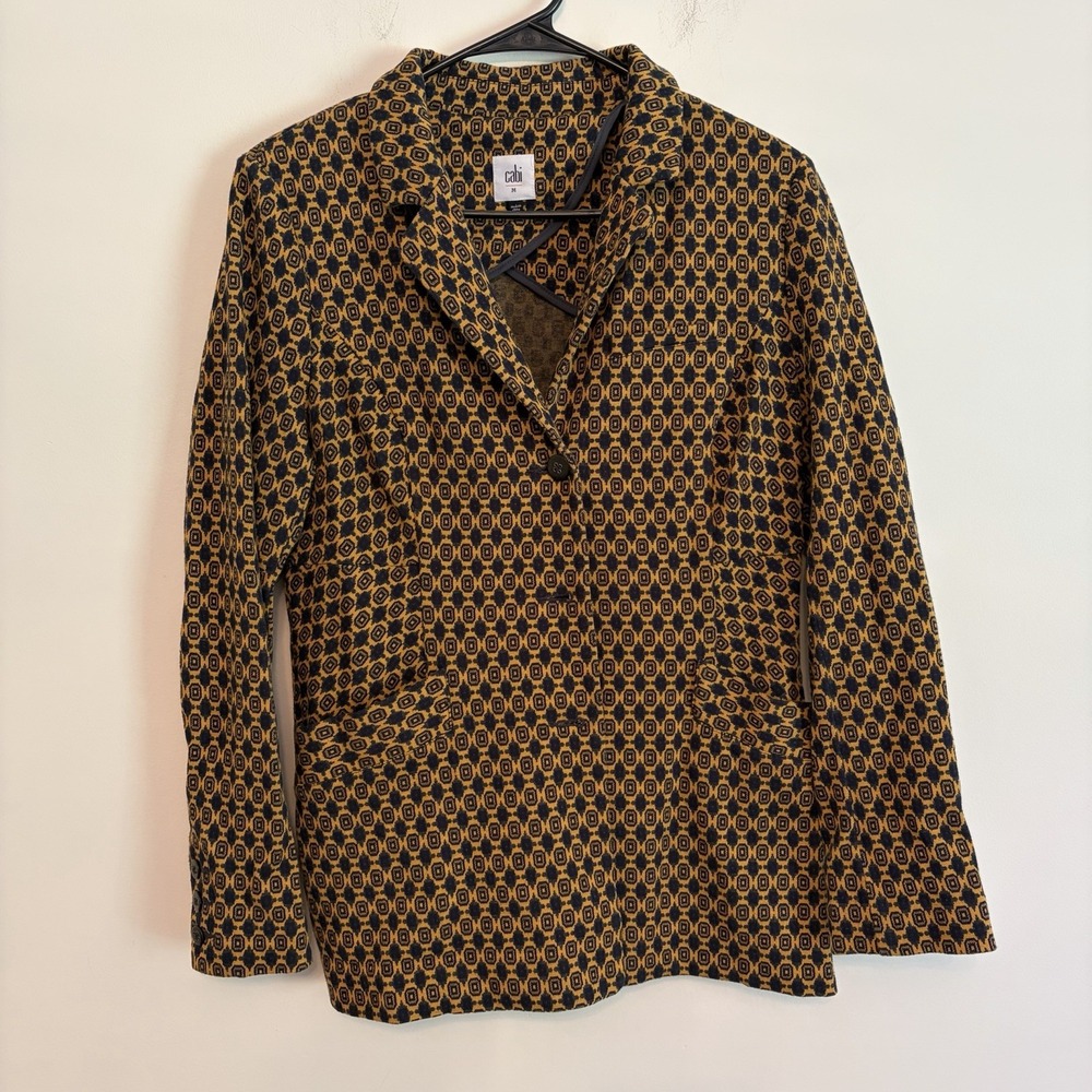 Cabi 2 pc set Mustard Navy Medallion Knit Suit Jacket Blazer Skirt Medium